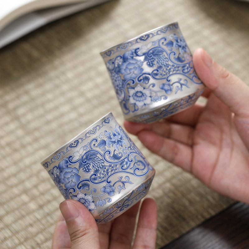 青花纹内胆鎏银999内壁茶杯复古青花主人杯999银茶盏功夫茶具礼品