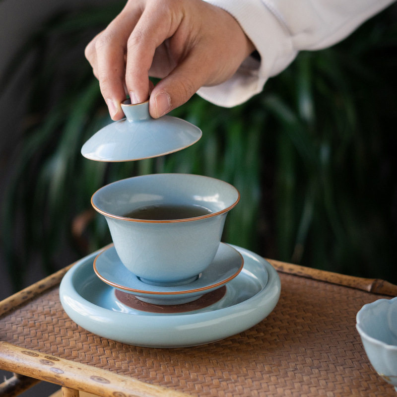 天蓝汝窑盖碗仿古开片功夫茶具
