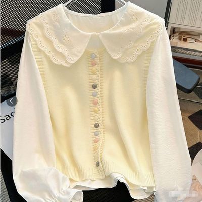 女童春秋小清新穿搭韩版宽松娃娃领长袖衬衫针织马甲背心两件套