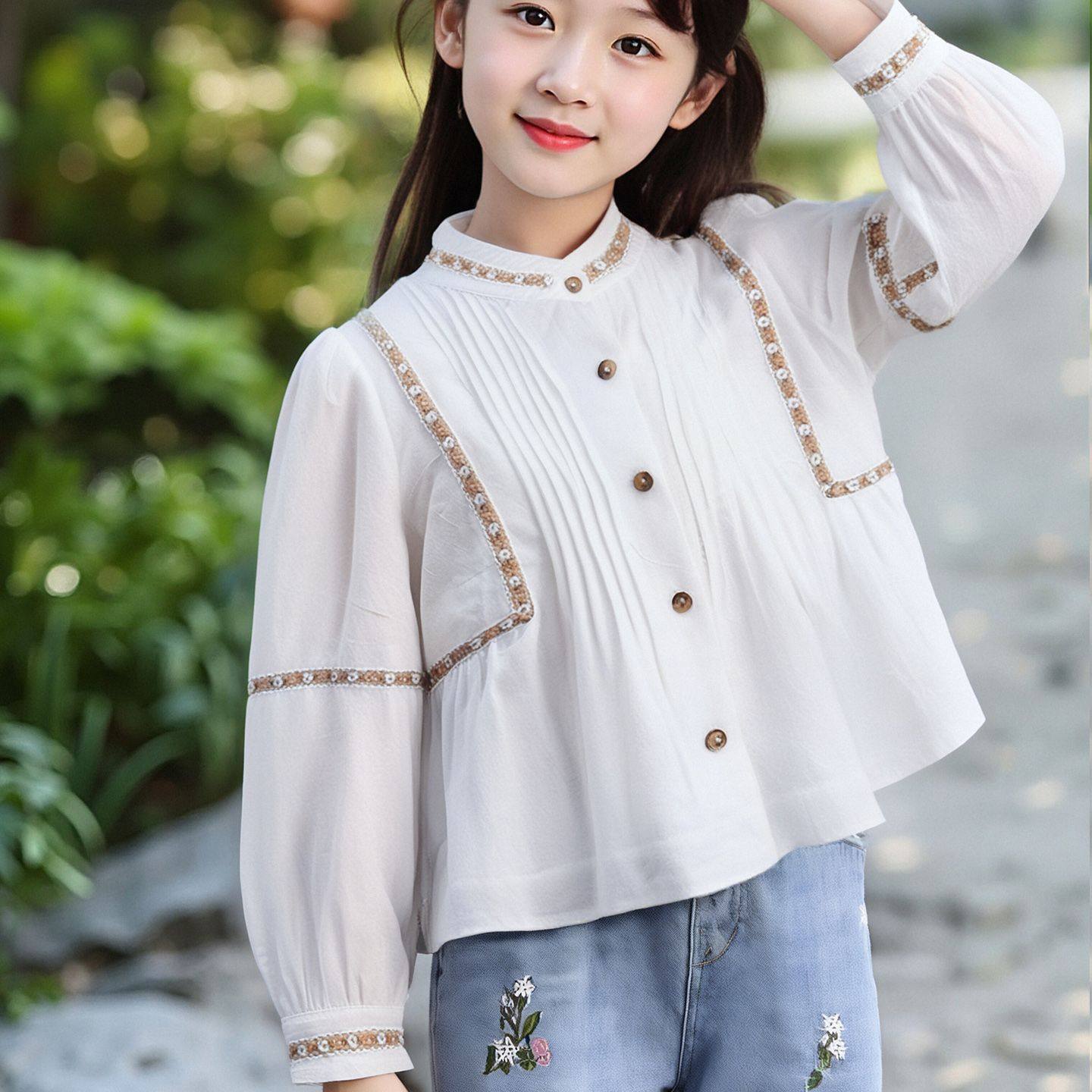 女童民族风长袖衬衫2025春秋洋气新款中大童花边上衣儿童娃娃衫潮