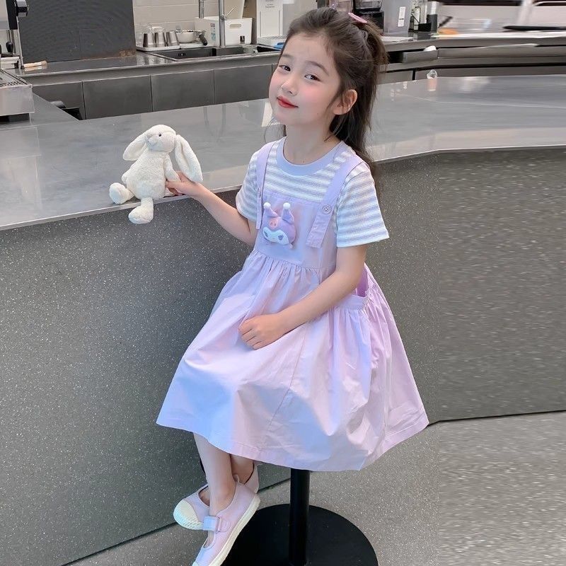 女童连衣裙夏装2026夏季新款条纹儿童洋气假两件背带公主裙连衣裙