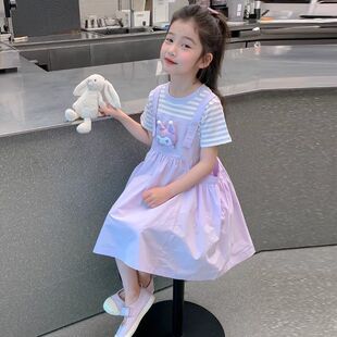 女童连衣裙夏装2026夏季新款条纹儿童洋气假两件背带公主裙连衣裙