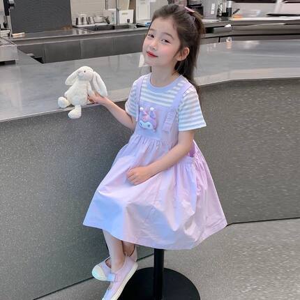 女童连衣裙夏装2025夏季新款条纹儿童洋气假两件背带公主裙连衣裙