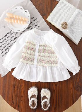 女童长袖衬衫2025秋季新款洋气公主风假两件拼接小香风小女孩衬衣