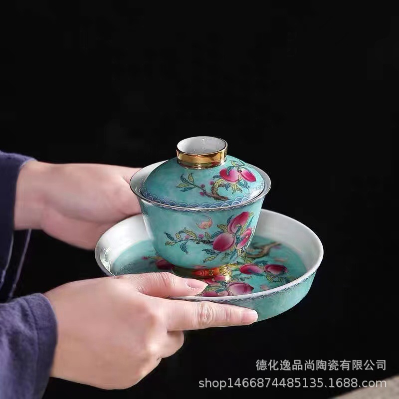 仿古盖碗九桃壶承陶瓷功夫茶具泡茶碗青花瓷敬茶碗三才盖碗扒花