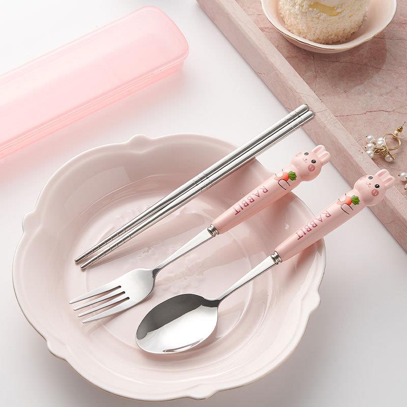 卡通兔子便携餐具三件套304不锈钢勺子筷子一套陶瓷手柄餐具套装