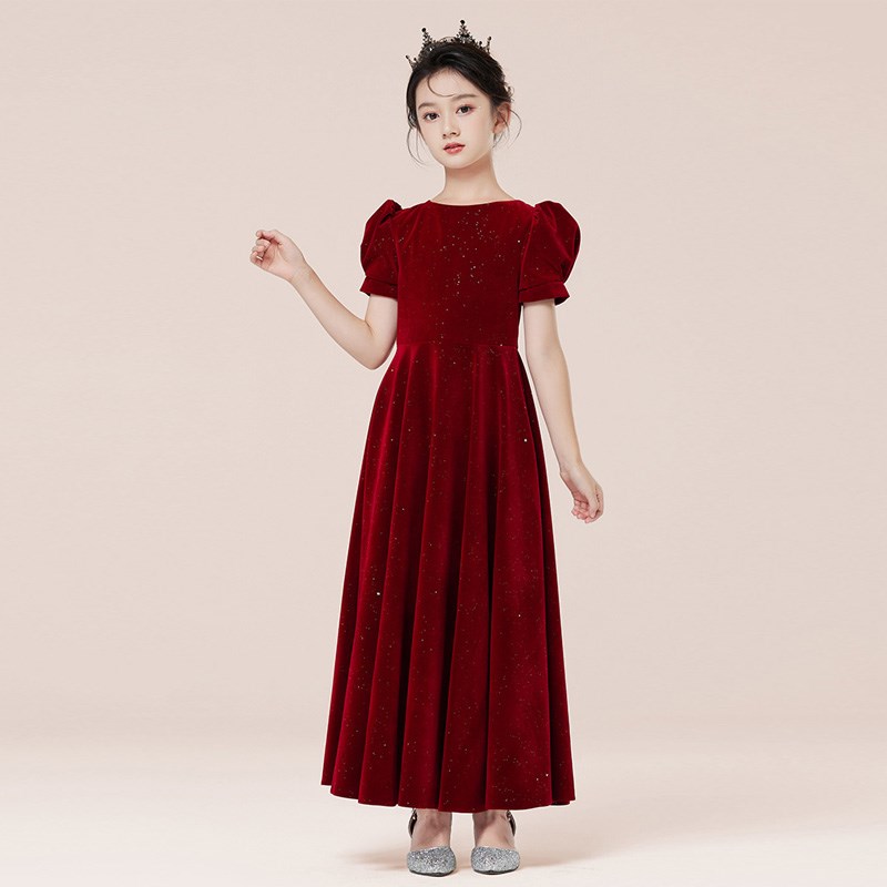 女童礼服裙高端红色绒面花童生日公主裙小女孩钢R琴小主持人演出