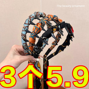 丝巾绑发卡高颅顶发捆头箍 复古宫廷风碎花带齿飘带发箍编发一体式