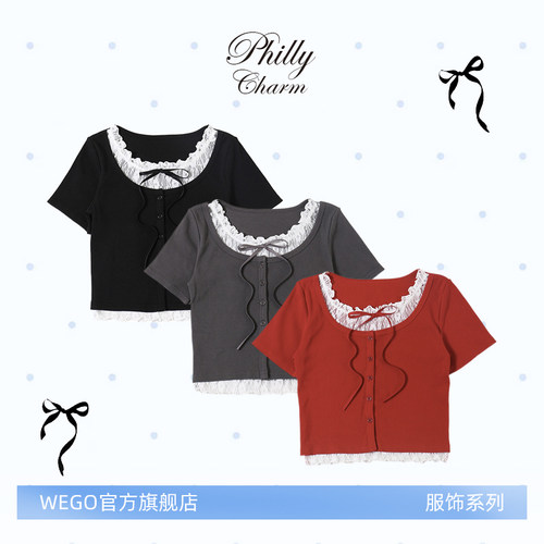 PHILLY蕾丝蝴蝶结短袖法式花边上衣女士可爱淑女PL26SM04-L0012