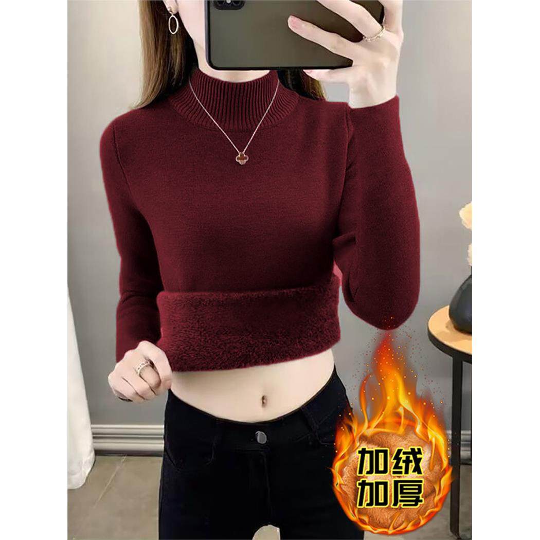 安可拉红水貂毛加绒加厚款内搭打底上衣半高领毛衣长袖针织衫女装