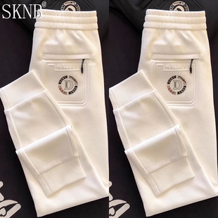 高端休闲裤男士秋冬季潮流菠萝纹运动小脚男裤加绒加厚哈伦裤男款