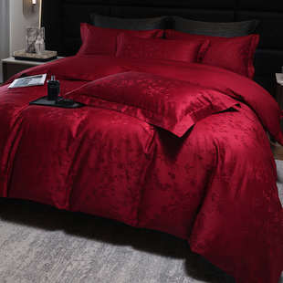 轻奢风婚庆四件套100S长绒棉提花被套酒红色纯棉床单结婚床上用品
