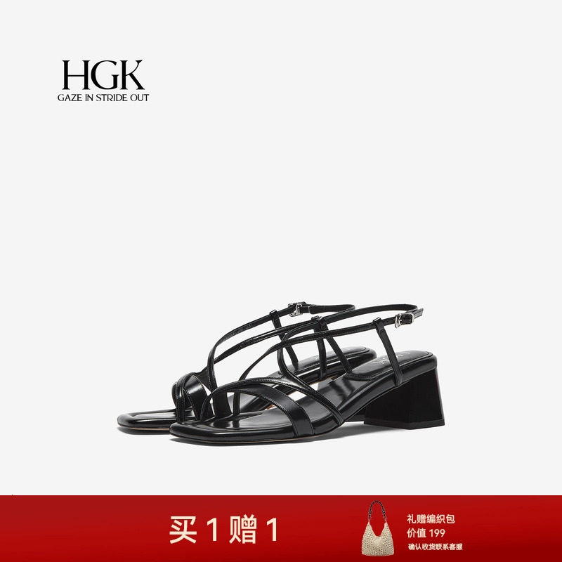 HGK夏夜深歌后空露趾粗高跟牛皮革女皮凉鞋WAC01BL6