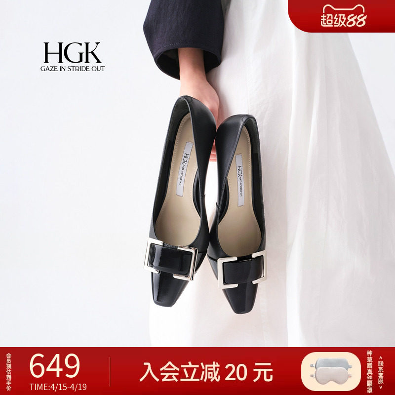 HGK摩登交响 黑色静音高跟鞋女时尚气质法式通勤方扣方头单鞋女鞋