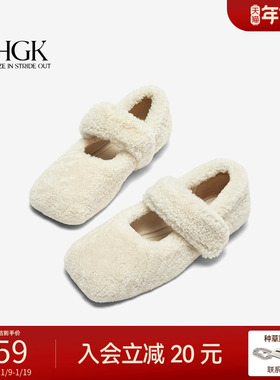 HGK一字羊毛带方头小香风毛毛鞋玛丽珍女鞋W072ACM4