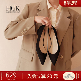 HGK花苞鞋 羊绒舒适通勤不累脚粗跟尖头黑色低跟单鞋女WAI01AQ5