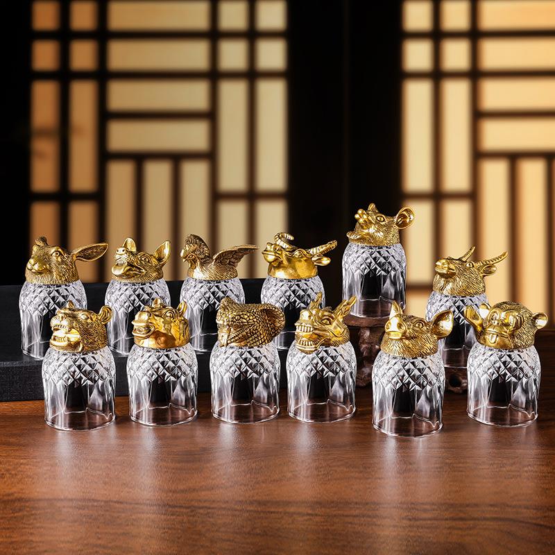 高档白酒杯一口杯十二生肖水晶玻璃杯酒具酒盅一整套套装家用送礼