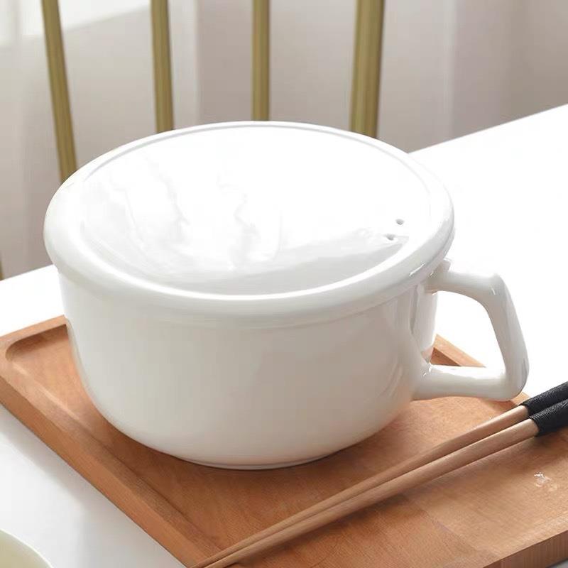 唐山骨瓷餐具带把碗骨瓷碗带盖家用泡面碗防烫手柄碗骨瓷单柄碗