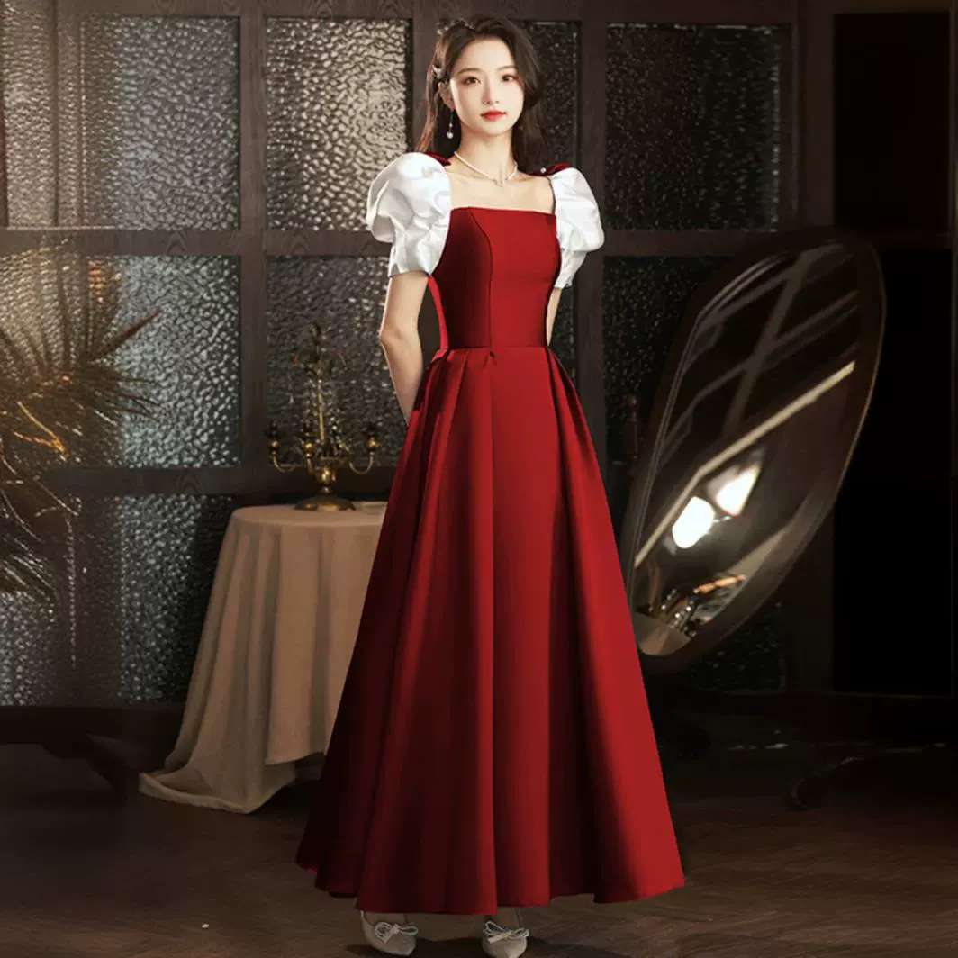 缎面敬酒服新娘酒红色2025结婚礼服平时可穿法式订婚连衣裙女高级