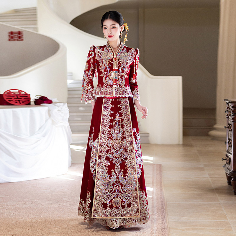 妮悦格秀禾服婚服2026新款新娘高端中式结婚纱丝绒敬酒服重工夏装
