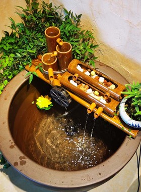 极速竹子流水f器石槽鱼缸鱼盆过滤器 水景喷泉风水轮水车摆件加湿