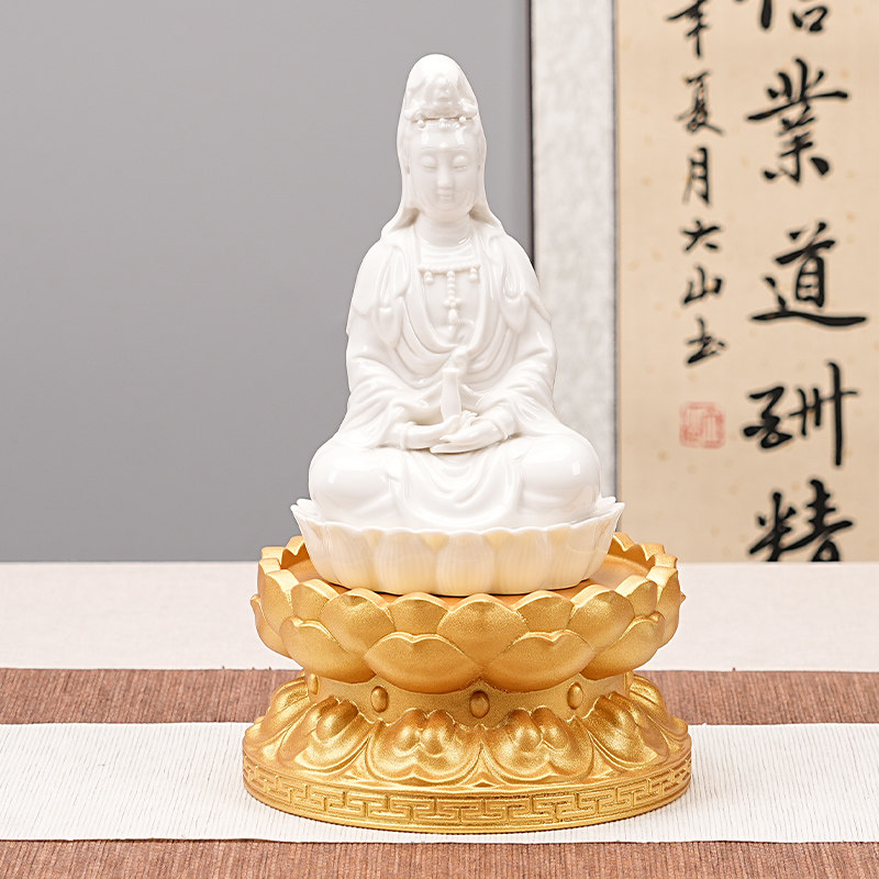 整木圆形鎏金观音莲花底座台实木质家用供奉财神佛像关公底座加高