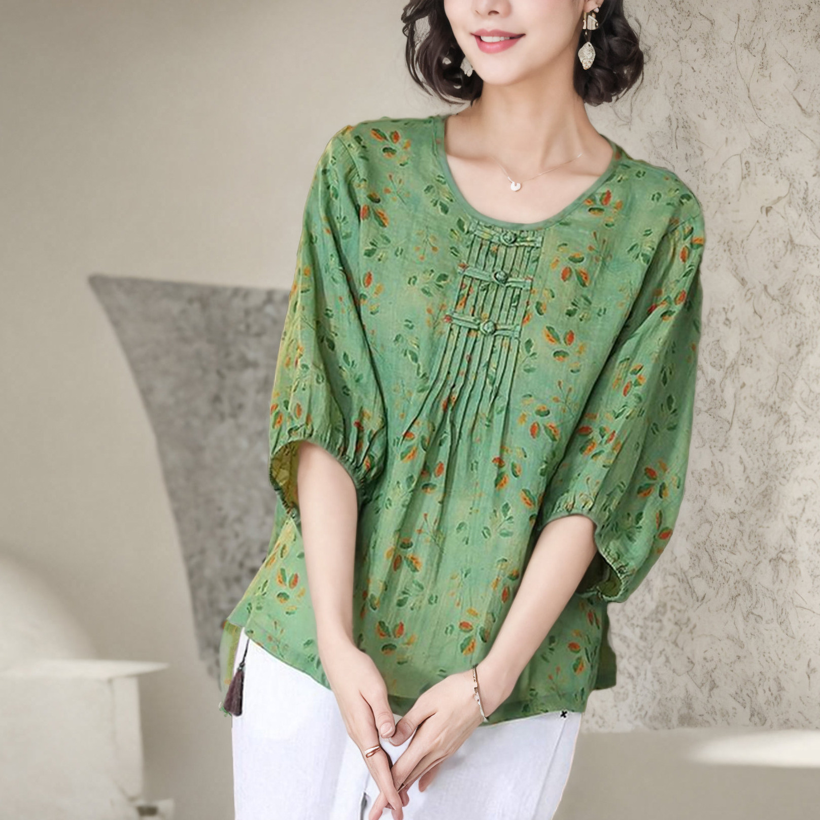 减龄大码200斤简约宽松套头时尚女文艺高档2025上衣苎麻花色T恤衫