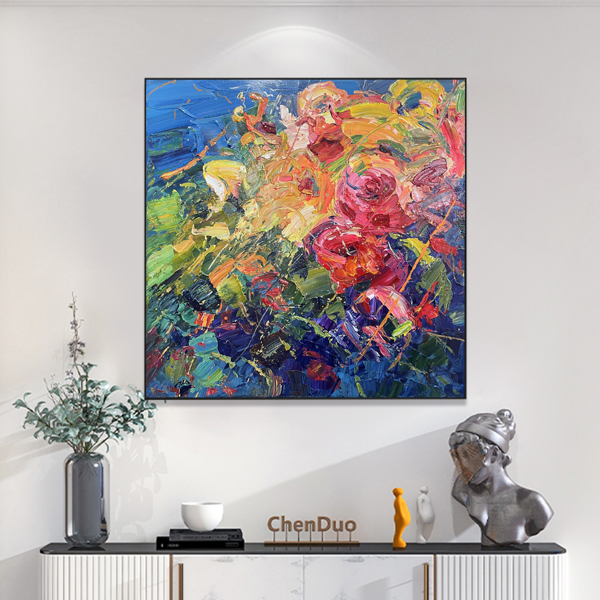手绘油画客厅玄关现代简约抽象装饰画艺术花卉立体肌理画横版挂画图片
