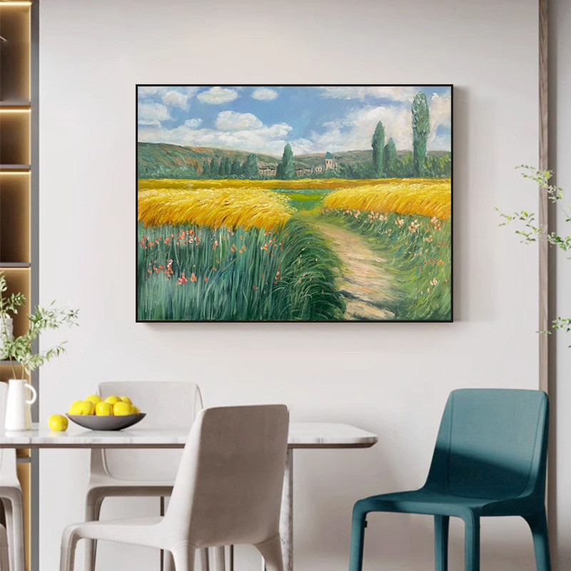 莫奈名画丰收麦田纯手绘油画金色麦穗肌理客厅装饰画风景餐厅挂画