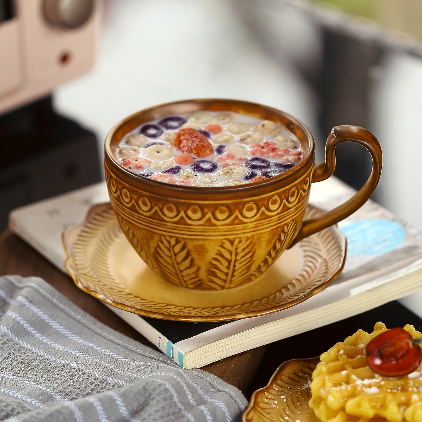 陶瓷复古大容量早餐碗牛奶酸奶水果盘燕麦咖啡杯子碟套组家用微波