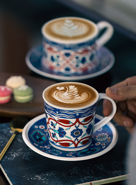 土耳其风陶瓷拉花咖啡杯碟套装高档精致复古拿铁杯子马克杯礼盒装
