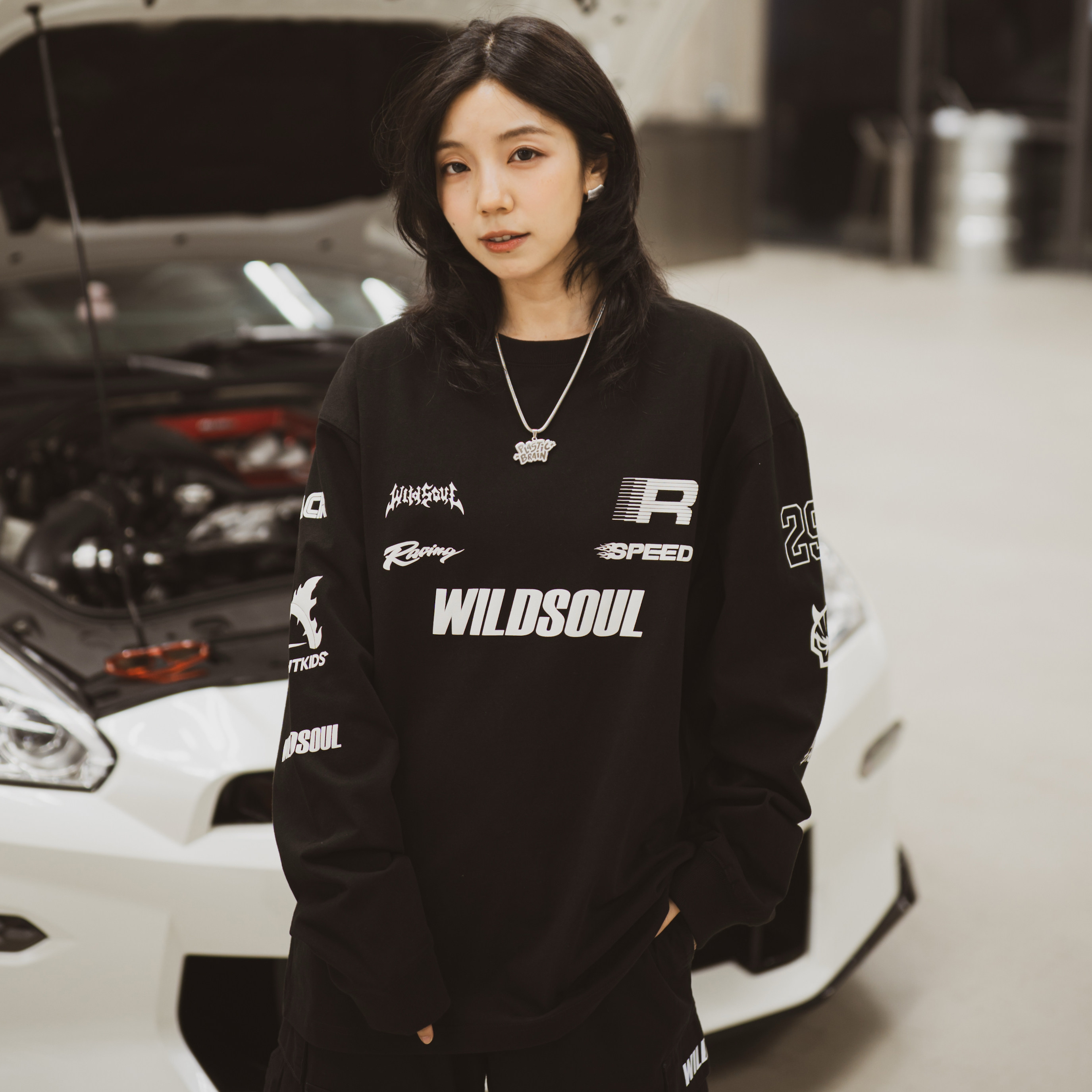 wildsoul【赛车风夜光发泡印花】重磅320克新疆纯棉小领口长袖T恤