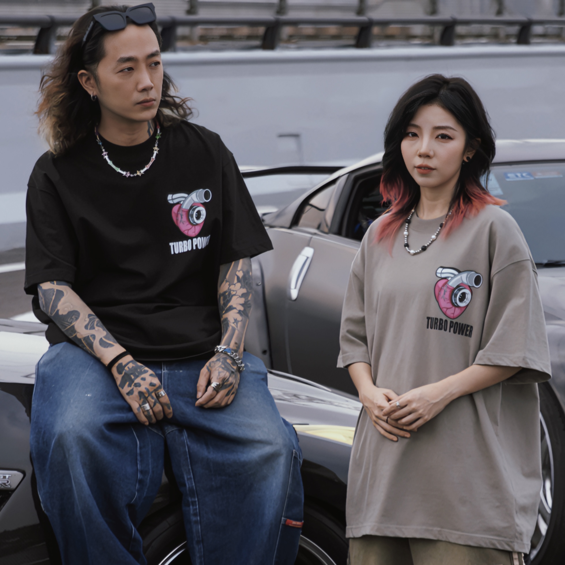 wildsoul涡轮心脏印花重磅纯棉小领口夏季潮流短袖T恤宽松JDM长袖