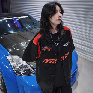 SPEED夏季 开衫 赛车风刺绣黑红拼接美式 衬衫 球衣 棒球短袖 wildsoul