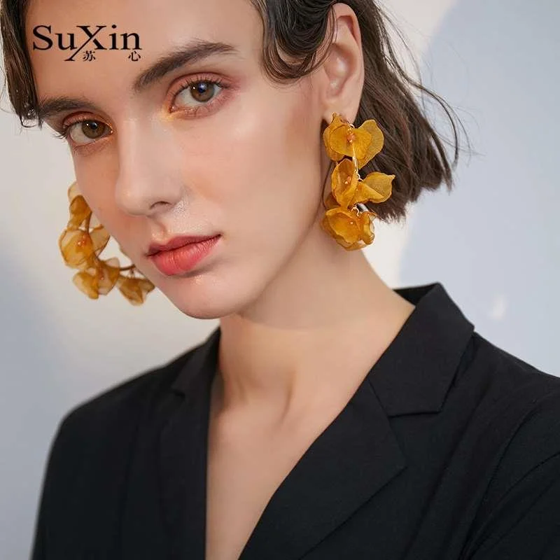 苏心糖果色欧美布艺花朵耳环夸款开口圆圈张圆环气质韩国个性新品