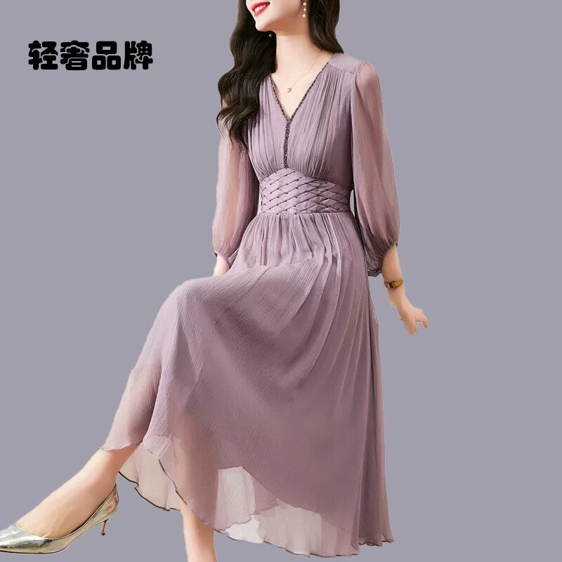 桑蚕丝真丝连衣裙2025新款夏季女v领七分袖气质轻奢纯色收腰长裙