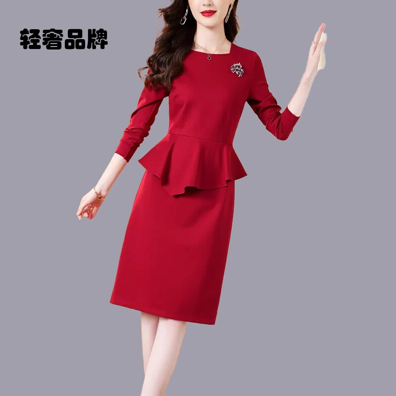 朗姿约定秋冬气质连衣裙2025年新款女装长袖红色名媛裙子晚小礼服图片
