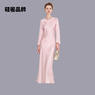 裙子 粉色提花旗袍连衣裙女2026秋中长款 朗姿约定时尚 气质新中式