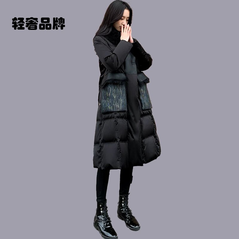 朗姿约定2025新款女装冬季中长款羽绒服女毛领拼接过膝白鸭绒外套