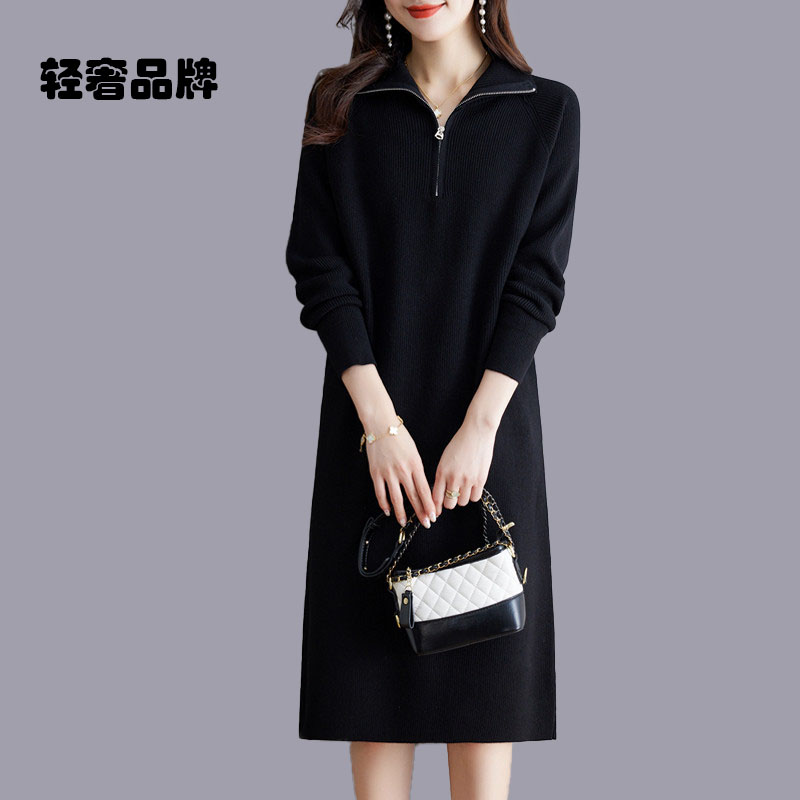 针织连衣裙女秋冬2025新款气质半拉链宽松毛衣裙大衣内搭打底长裙