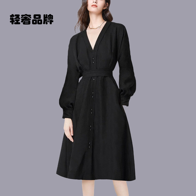 朗姿约定设计感宽松连衣裙女2026秋款荷叶边衬衫领高腰A字百褶裙