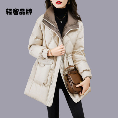 朗姿约定高级感羽绒服女冬季中长款2025新款小个子收腰白鸭绒外套