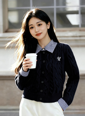 柒量一裁小个子时尚洋气韩系气质短款假两件针织衫秋冬上衣3377