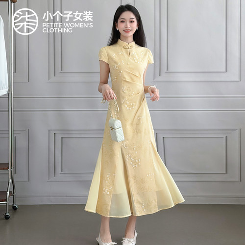 柒量一裁小个子短袖新中式连衣裙