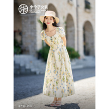 柒量一裁郁金香 小个子法式方领碎花连衣裙温柔优雅收腰长裙0580