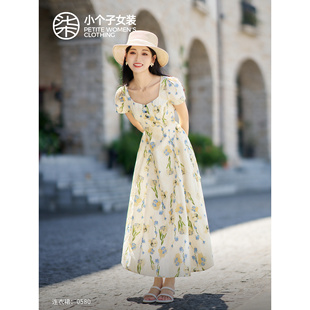 小个子法式 柒量一裁郁金香 方领碎花连衣裙温柔优雅收腰长裙0580