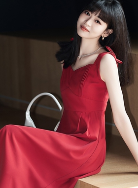 柒量一裁小个子法式红色V领无袖吊带连衣裙女蝴蝶结长裙新款0802
