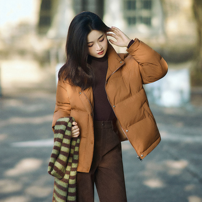 柒量一裁小个子橘色高领棉服秋冬