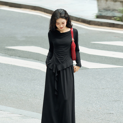 小个子黑色上衣+半裙女秋套装