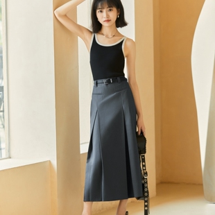 柒量一裁小个子灰色复古学院a字显瘦中长款 百搭半身裙配腰带0415